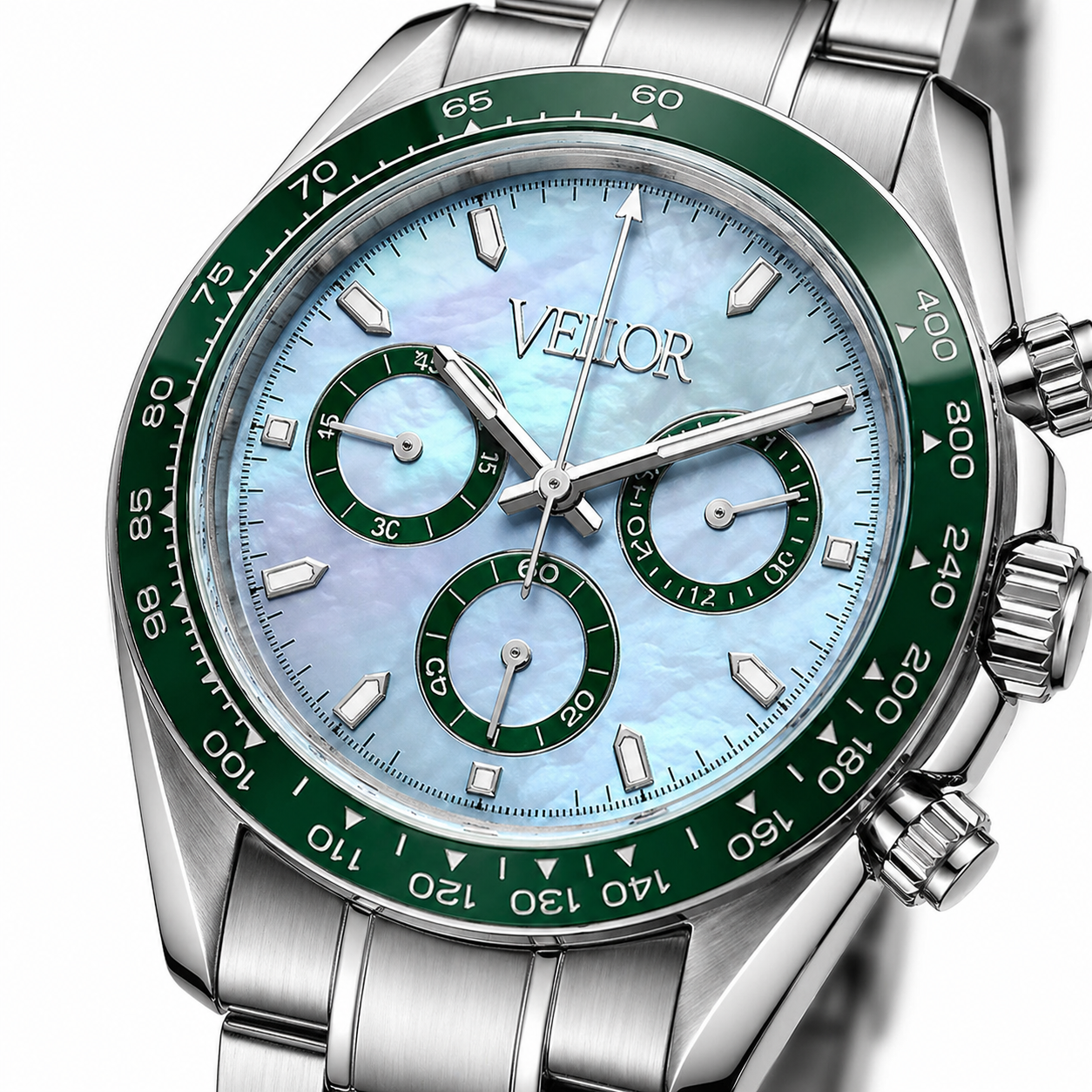 Velior Chronis Silver Green Blue Dial