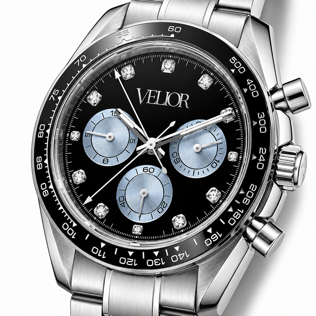 Velior Chronis Shiny Silver Black Blue Dial