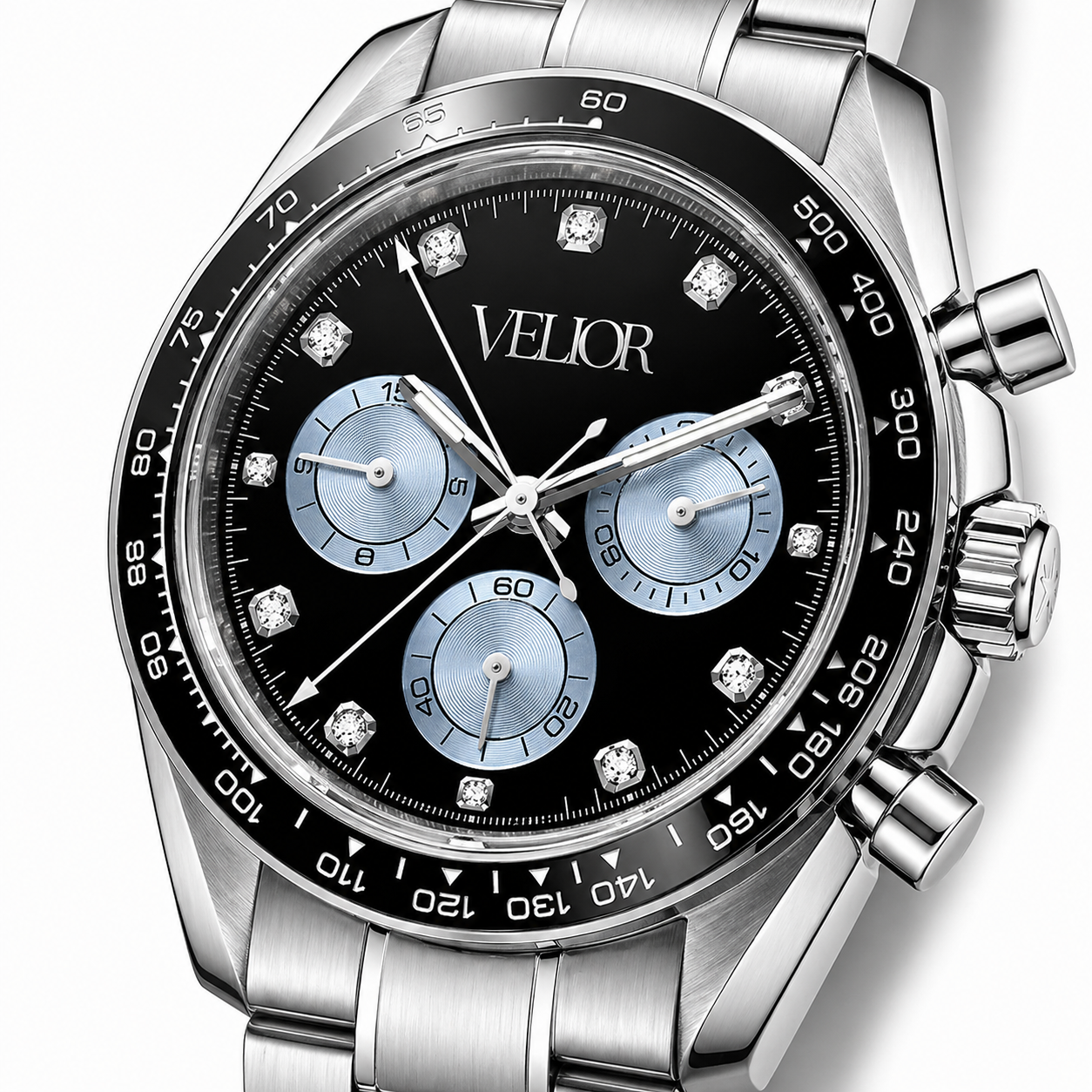 Velior Chronis Shiny Silver Black Blue Dial