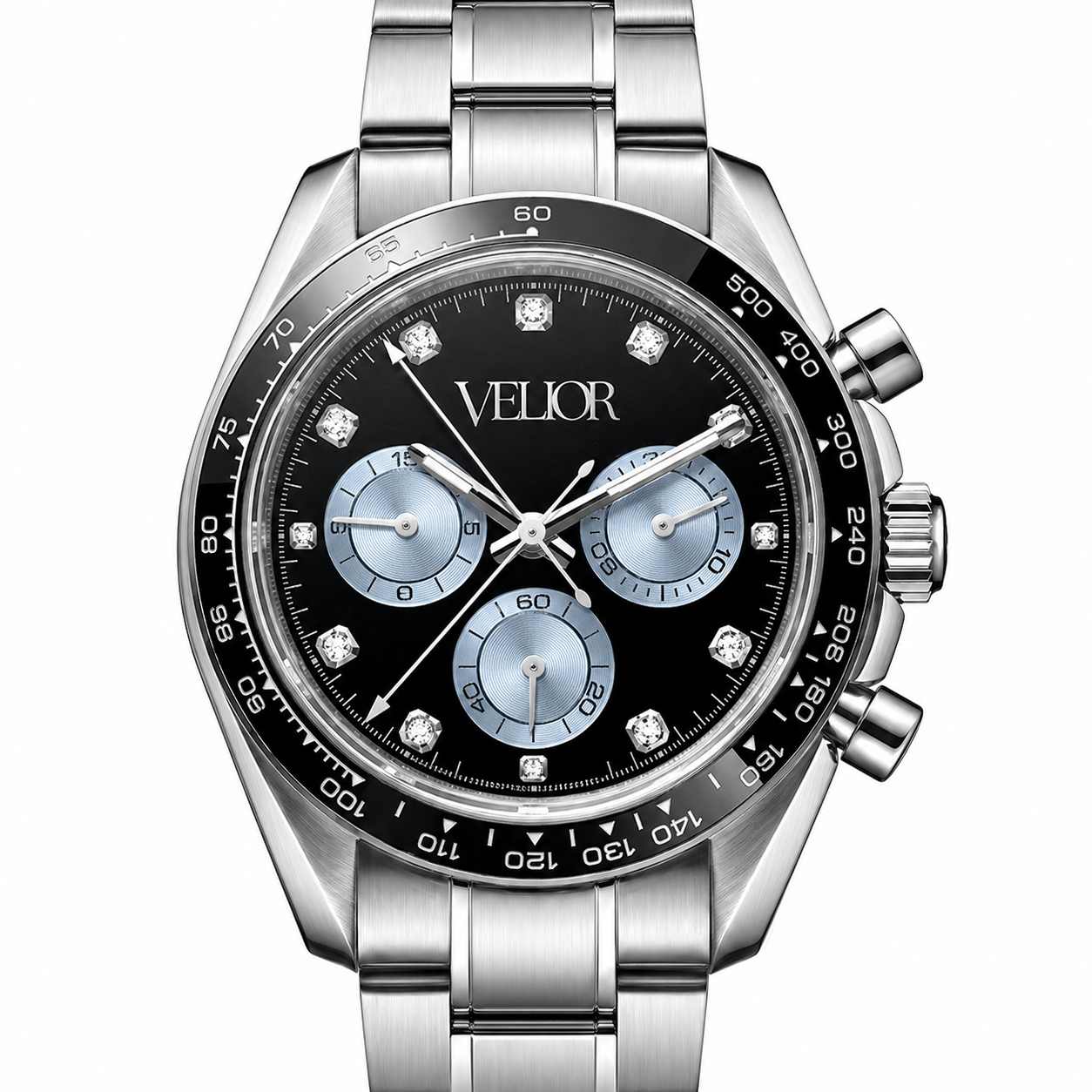 Velior Chronis Shiny Silver Black Blue Dial