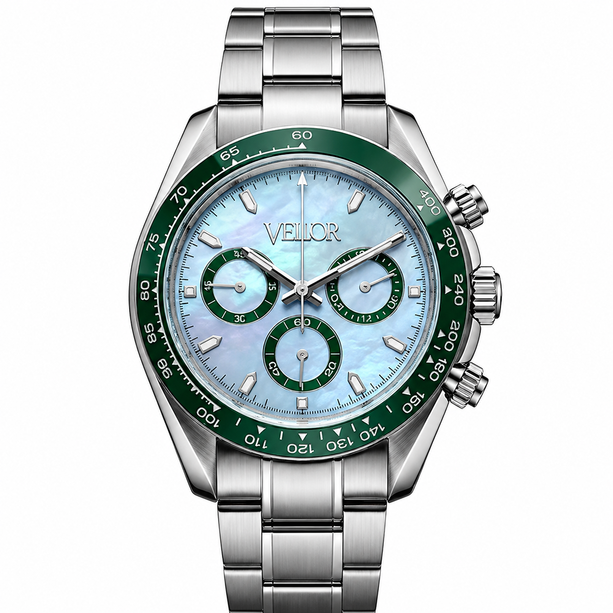 Velior Chronis Silver Green Blue Dial
